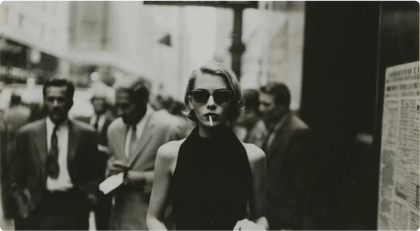 Imagen blanco y negro de una mujer caminando en la calle con lente y un cigarrillo